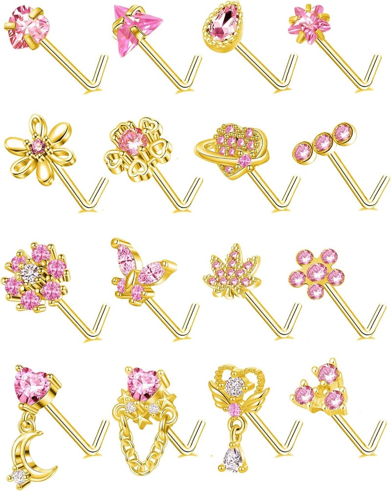 Tornito 16Pcs Nose Rings L Shaped Nose Stud Stainless Steel Butterfly Flower Leaf Heart Moon Dangle Nose Stud Ring Body Piercing Jewelry for Women Men 20G Pink Blue Clear CZ - Image 1